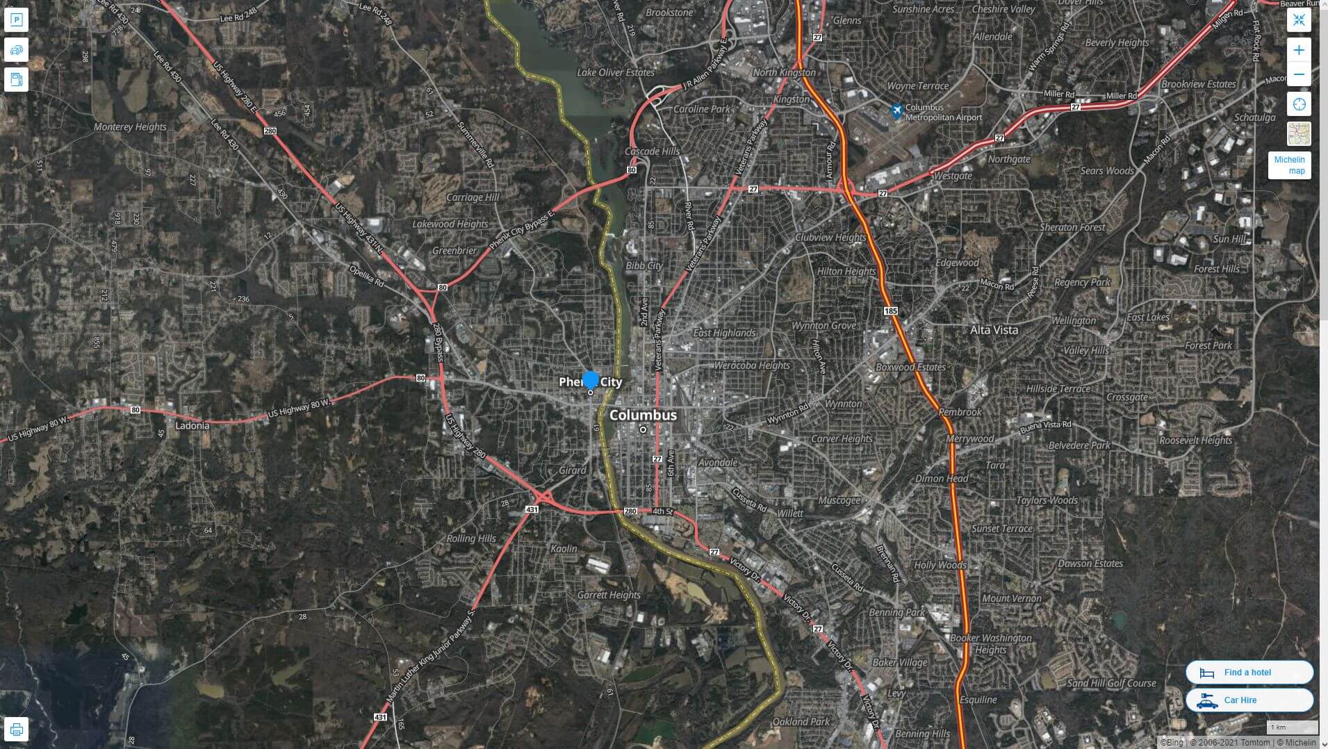 Phenix City Alabama Highway and Road Map with Satellite View